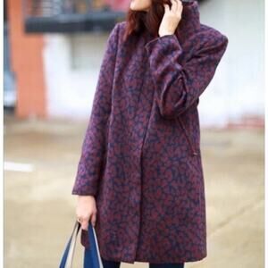 Ann Taylor LOFT Jacquard Leopard Print Wool Blend Zip Coat Red Blue Size L